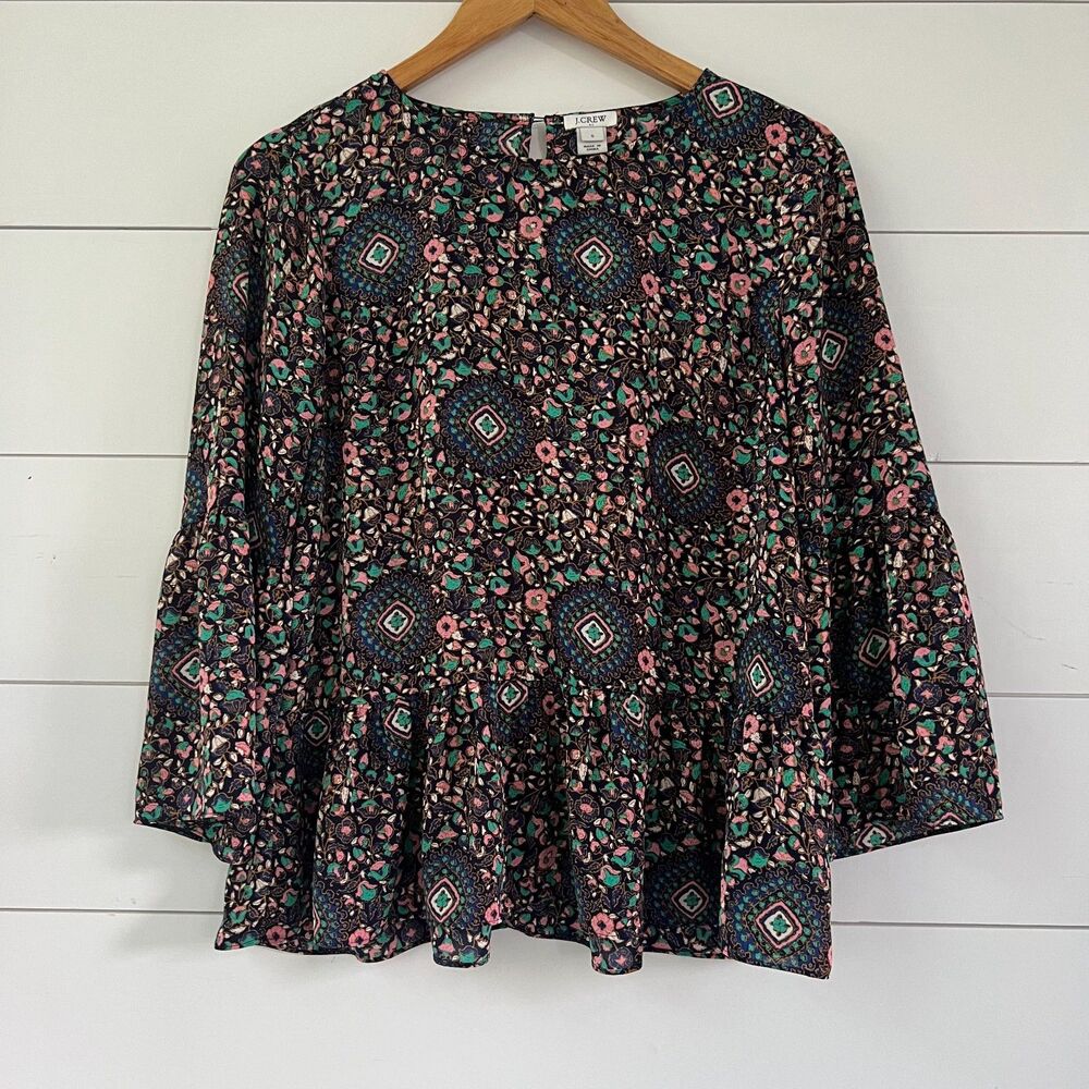 Peasant Blouse with Bell Sleeves Navy Multicolor J.Crew Women's Small
